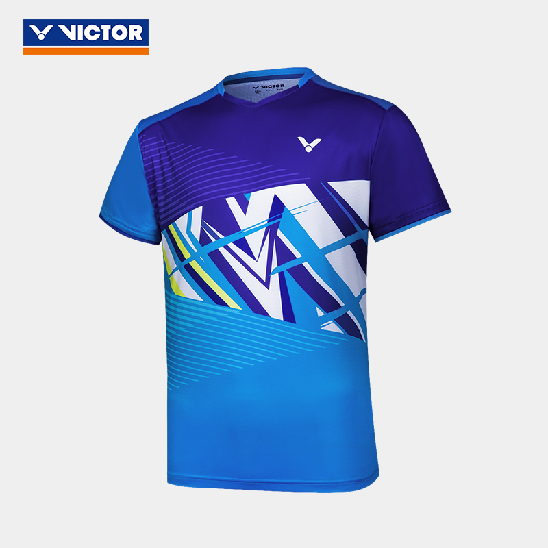 威克多VICTOR胜利羽毛球服透气比赛系列男女款运动短袖T恤 T-10018-黑色-夏威夷蓝