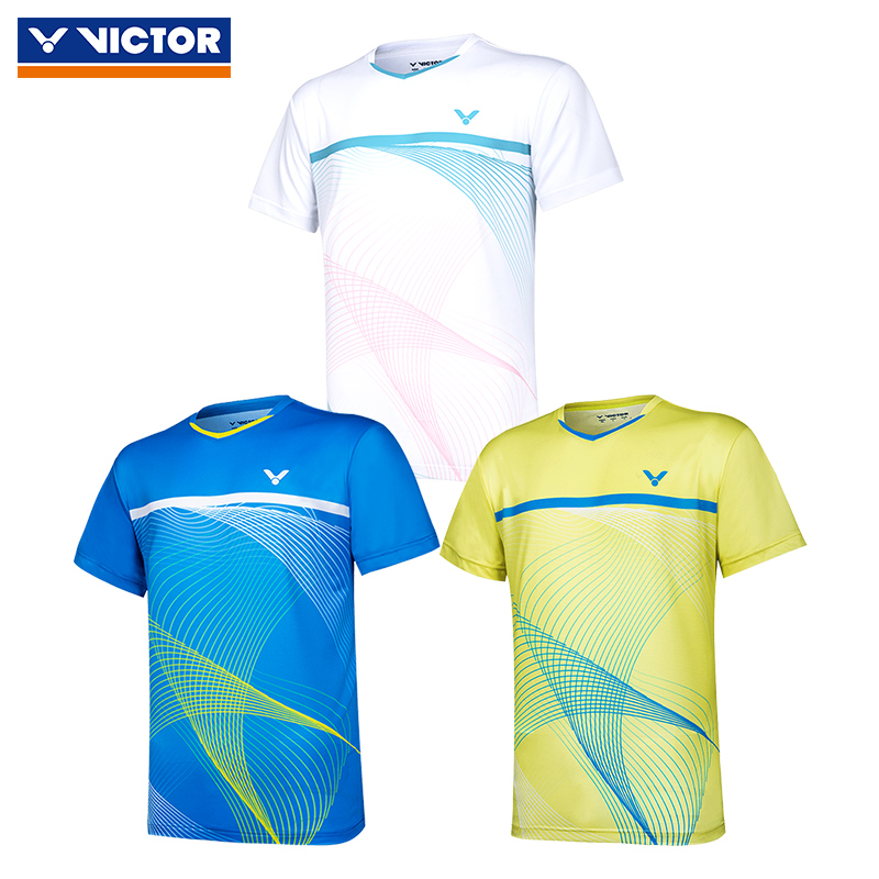 VICTOR胜利羽毛球服 威克多夏季速干针织短袖男女款比赛 T-10016-柠檬冰沙黄-白色-夏威夷蓝