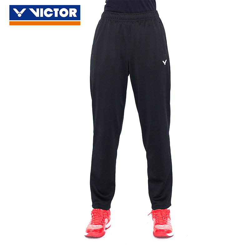Victor威克多胜利羽毛球服裤子男女款单层针织运动长裤 P-85805-黑色-火焰红