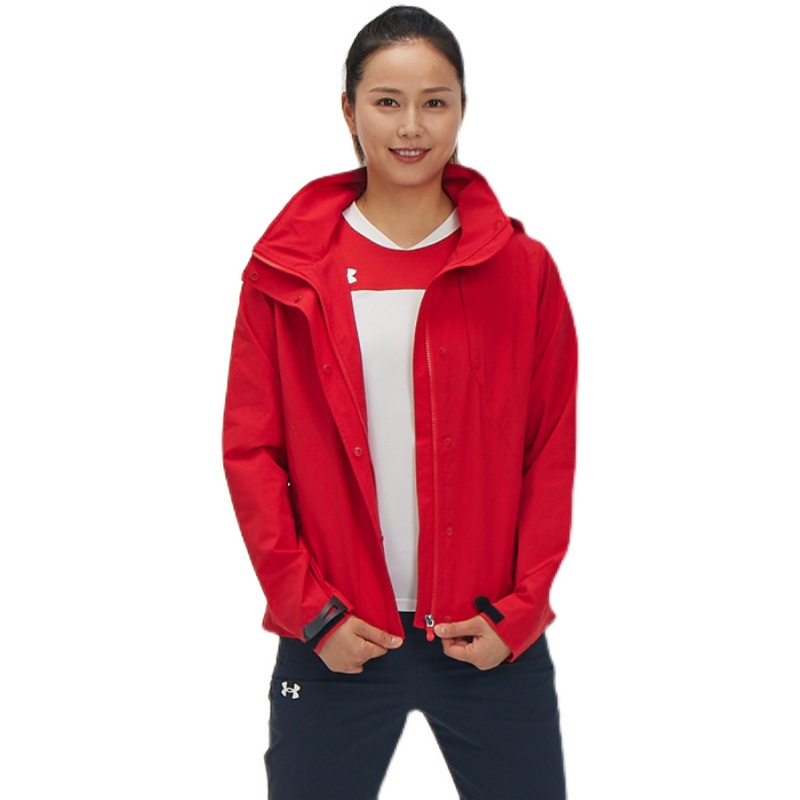 安德玛UA 女子梭织夹克2022年新款立领连帽风雨衣 红色/黑色/白色/藏蓝 21600410-600-001-100-408