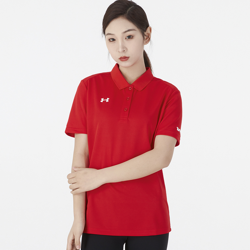 安德玛UA 半袖T恤女2021新款网球运动服POLO衫休闲跑步短袖 红色 21500540-600