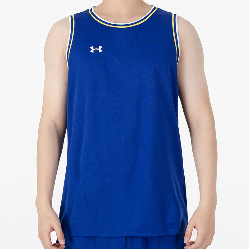 安德玛UA 无袖背心男2022新款训练篮球T恤运动服 蓝色 21500101-400