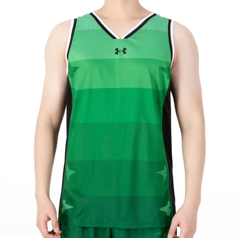 安德玛UA 篮球训练T恤男新款运动服比赛训练无袖背心 绿色 21500106-305